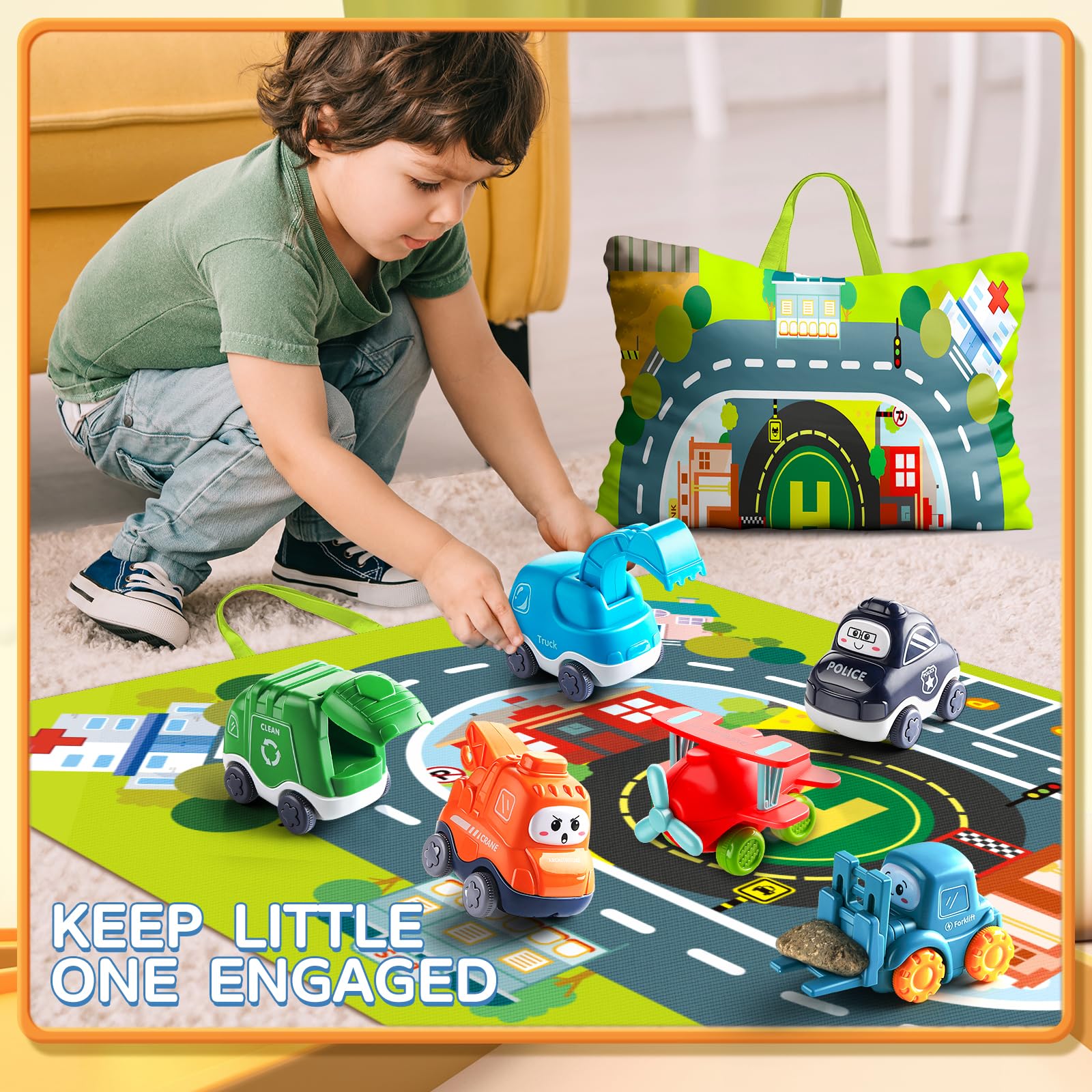 Lerrbo 6-piece cartoon truck and tractor car toy set with cranes, playmat, and storage bag for toddlers ages 1-2.