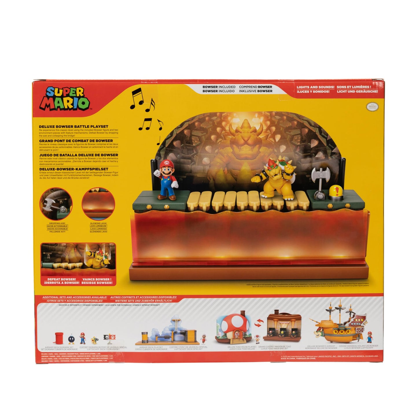 Super Mario Deluxe Bowser Battle Playset with lights, sounds, and a 2.5-inch Bowser action figure for young Super Mario fans.