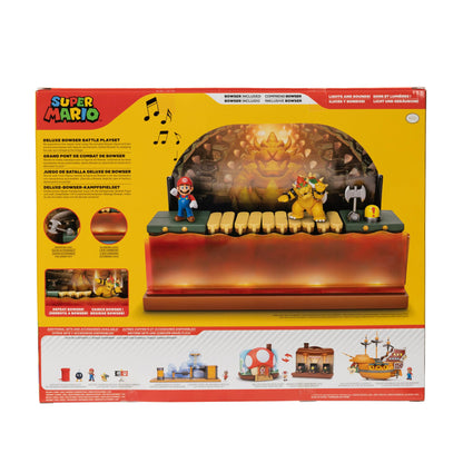 Super Mario Deluxe Bowser Battle Playset with lights, sounds, and a 2.5-inch Bowser action figure for young Super Mario fans.