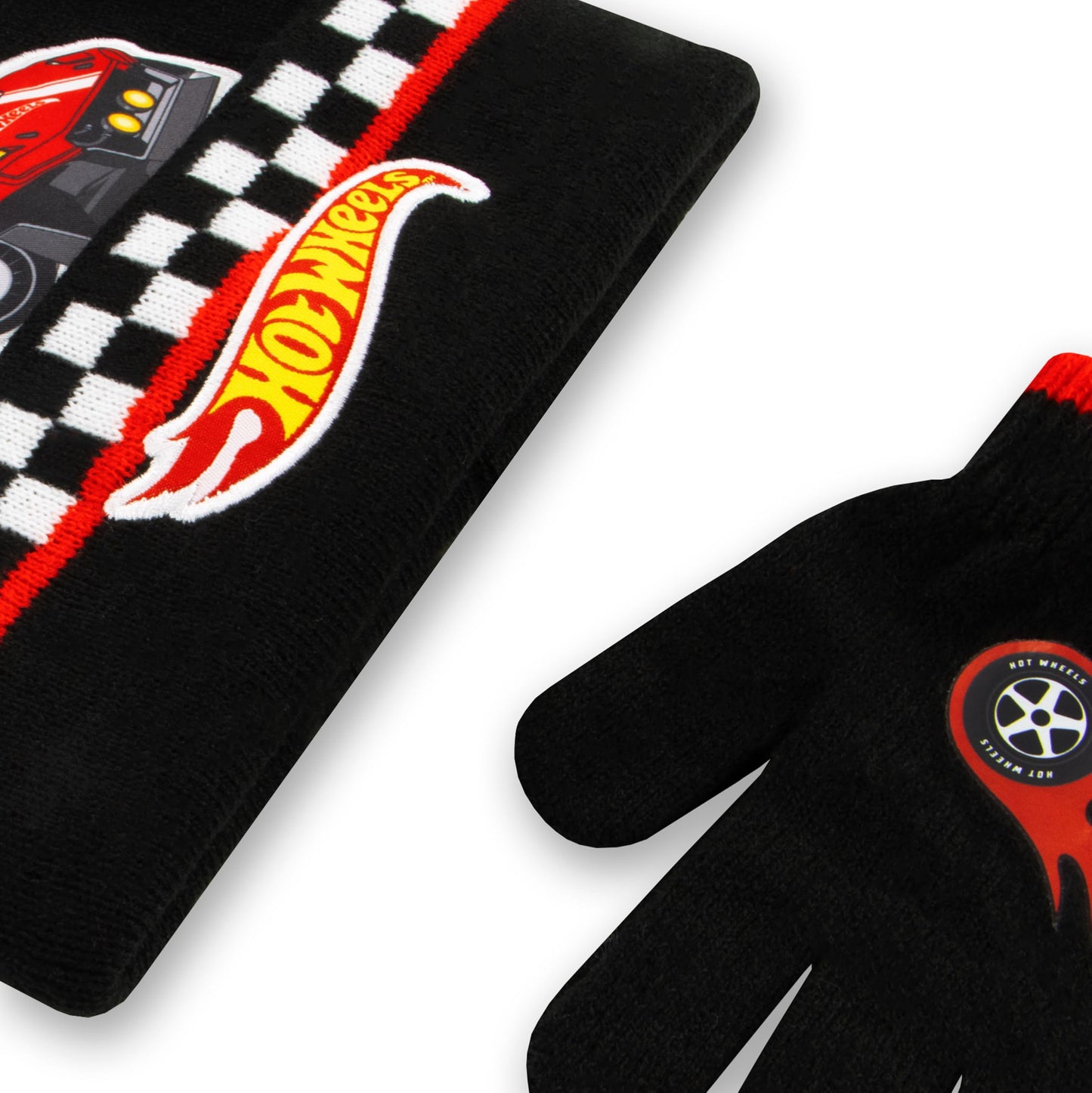Hot Wheels Kids Hat And Gloves Set | Race Car Winter Hats For Kids | Boys Hat And Gloves Set | One Size Black