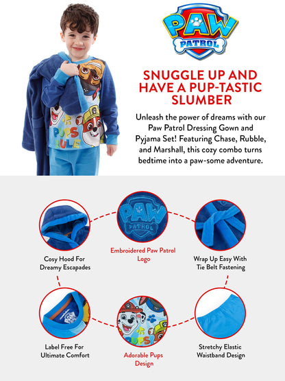 Paw Patrol Dressing Gown And Pyjamas For Kids | Chase, Rubble and Marshall Hooded Dressing Gown And Pyjamas For Boys | Blue 4-5 Years