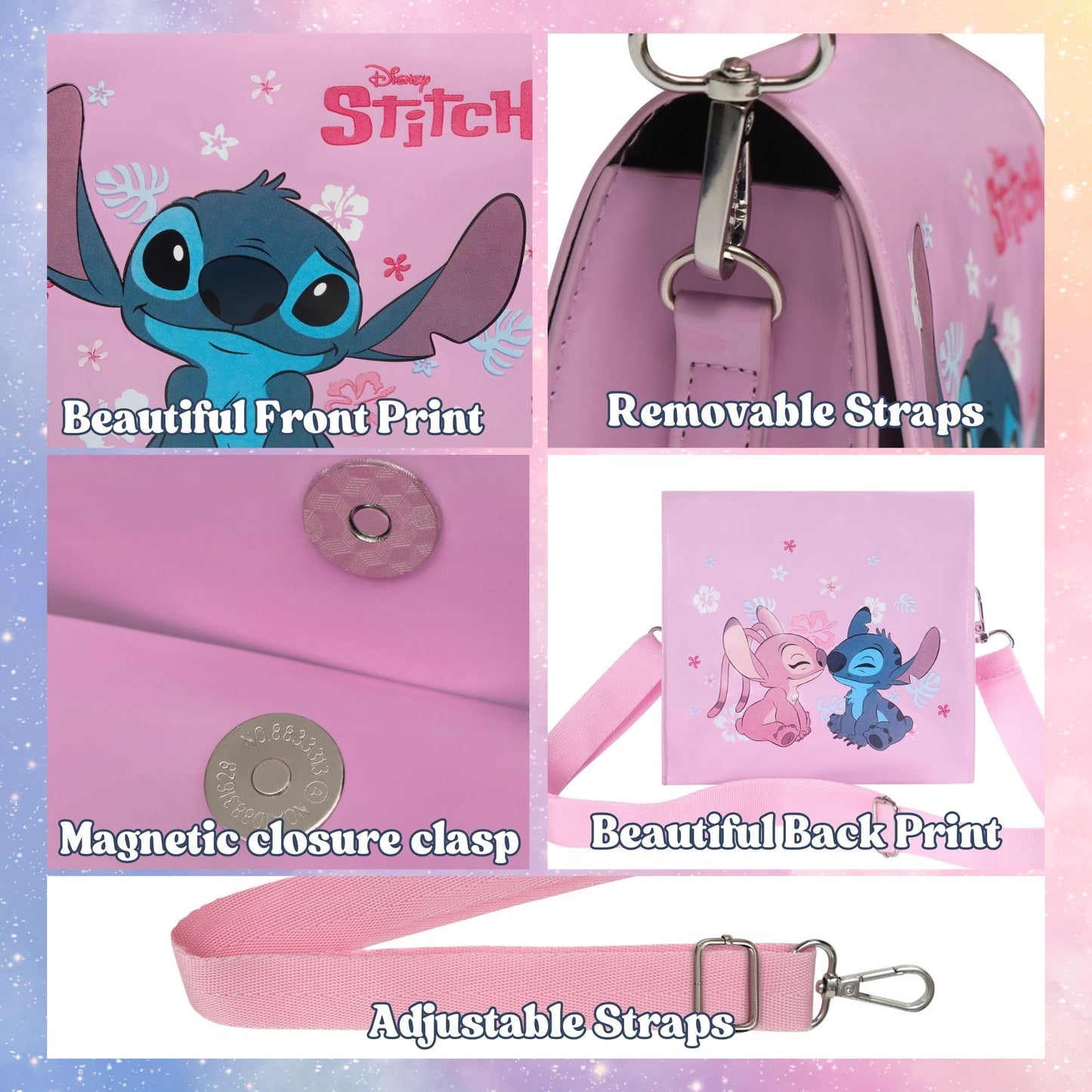 Disney Stitch and Angel girls pink shoulder handbag with adjustable strap, featuring Lilo & Stitch characters, perfect for kids and teens.
