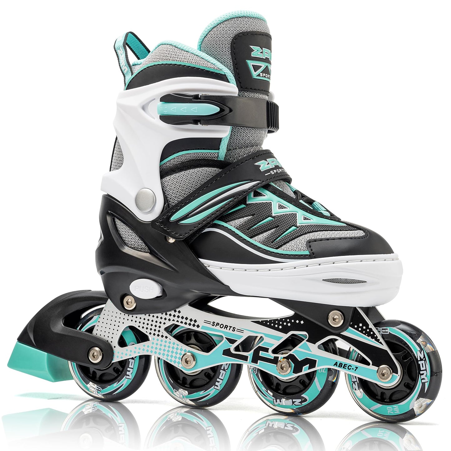 Pink and mint 2pm Sports adjustable inline skates for boys and girls, featuring a stylish design and beginner-friendly fit.