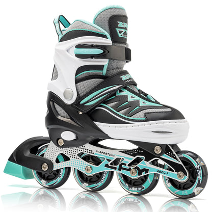Pink and mint 2pm Sports adjustable inline skates for boys and girls, featuring a stylish design and beginner-friendly fit.