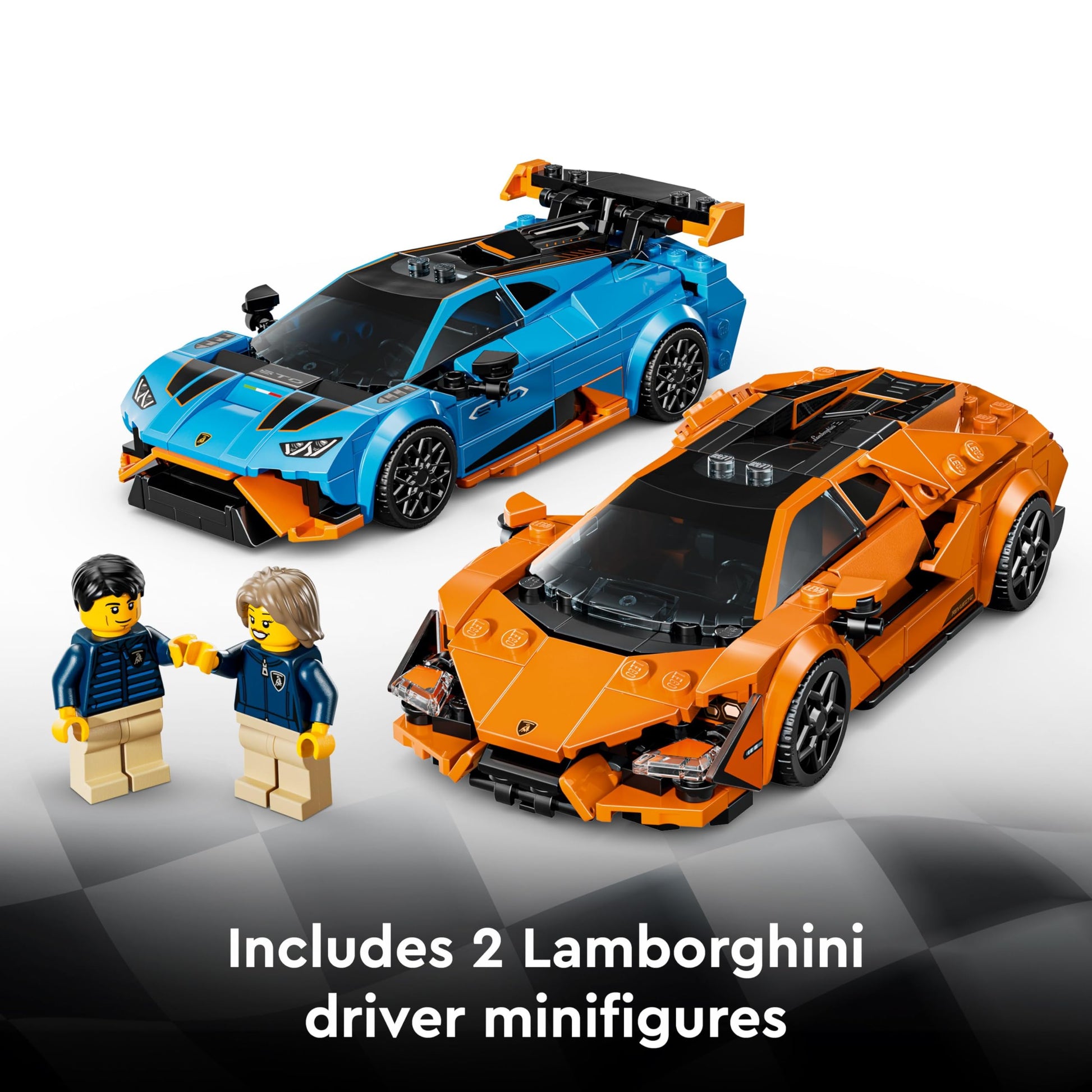 LEGO Speed Champions Lamborghini Revuelto and Huracán STO toy race cars with two driver minifigures displayed together.