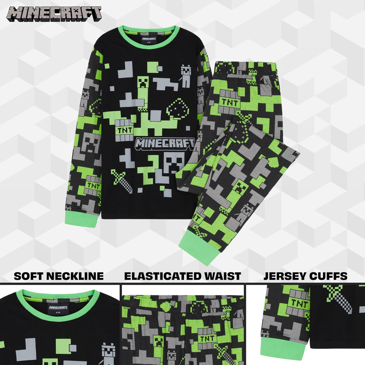 Minecraft Boys Pyjamas Set - Cotton Lounge Wear Long Top and Bottoms Teenagers Kids PJs 7-14 Years Gamer Gifts for Boys (Black/Green, 7-8 Years)