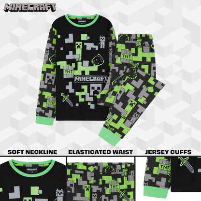 Minecraft Boys Pyjamas Set - Cotton Lounge Wear Long Top and Bottoms Teenagers Kids PJs 7-14 Years Gamer Gifts for Boys (Black/Green, 7-8 Years)
