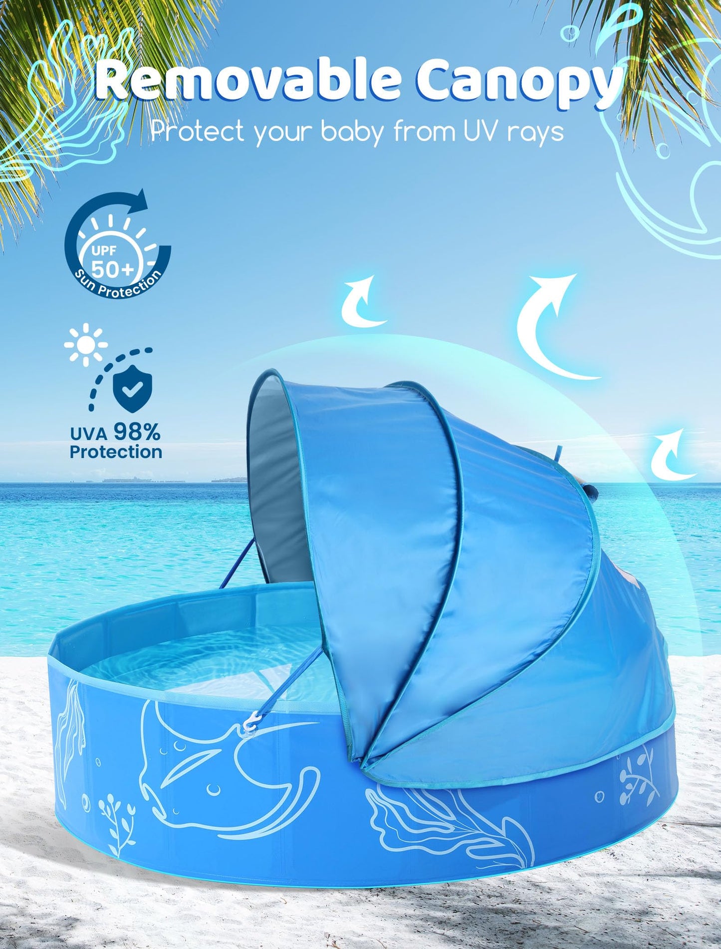 Hikiddy Paddling Pool with Shaded: 47in Pop-Up Splash Pool with Shade for Summer Beach Garden (Blue, 47in)