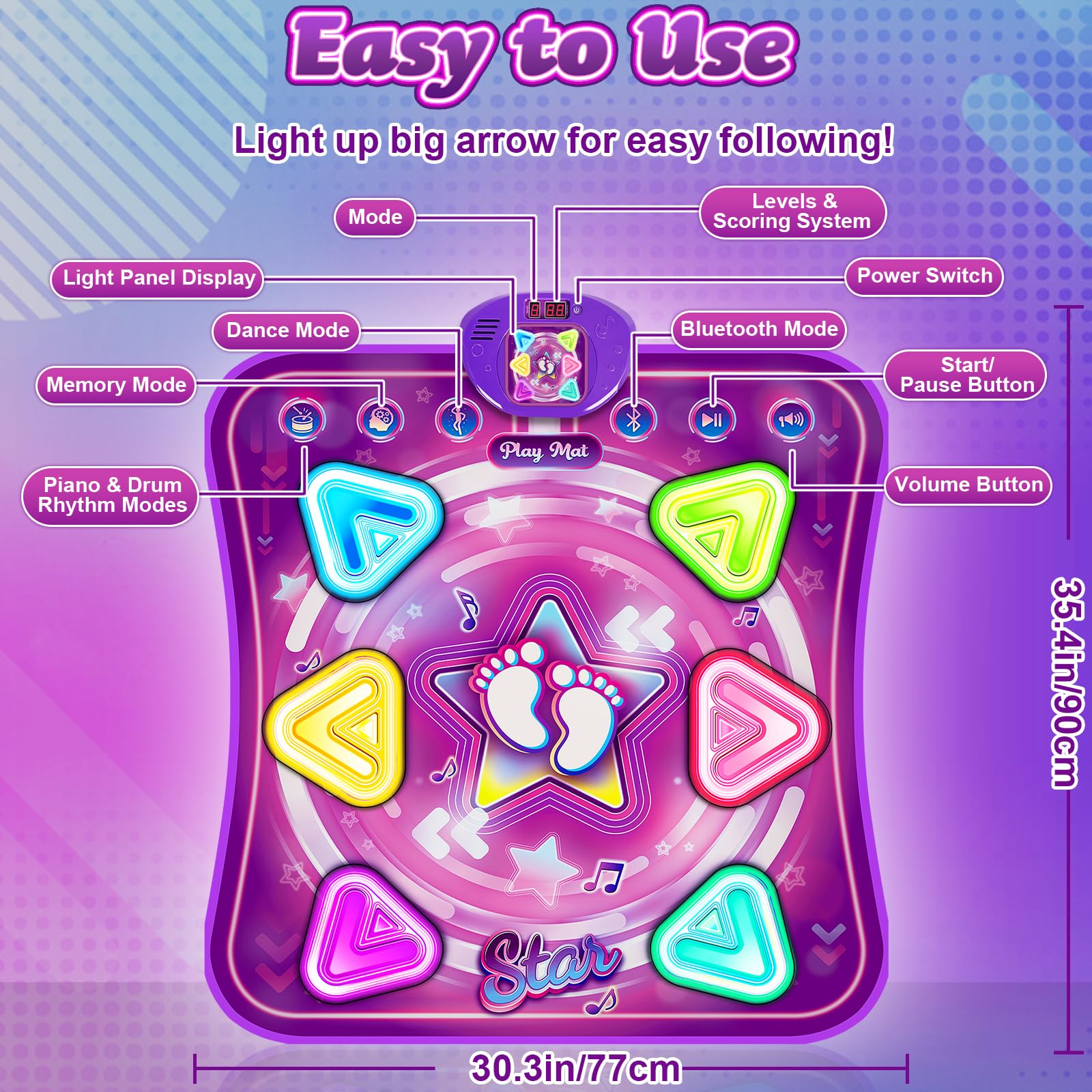 Handwell light-up dance mat for kids with wireless Bluetooth, five game modes, colorful surface, ideal for children aged 3-10.