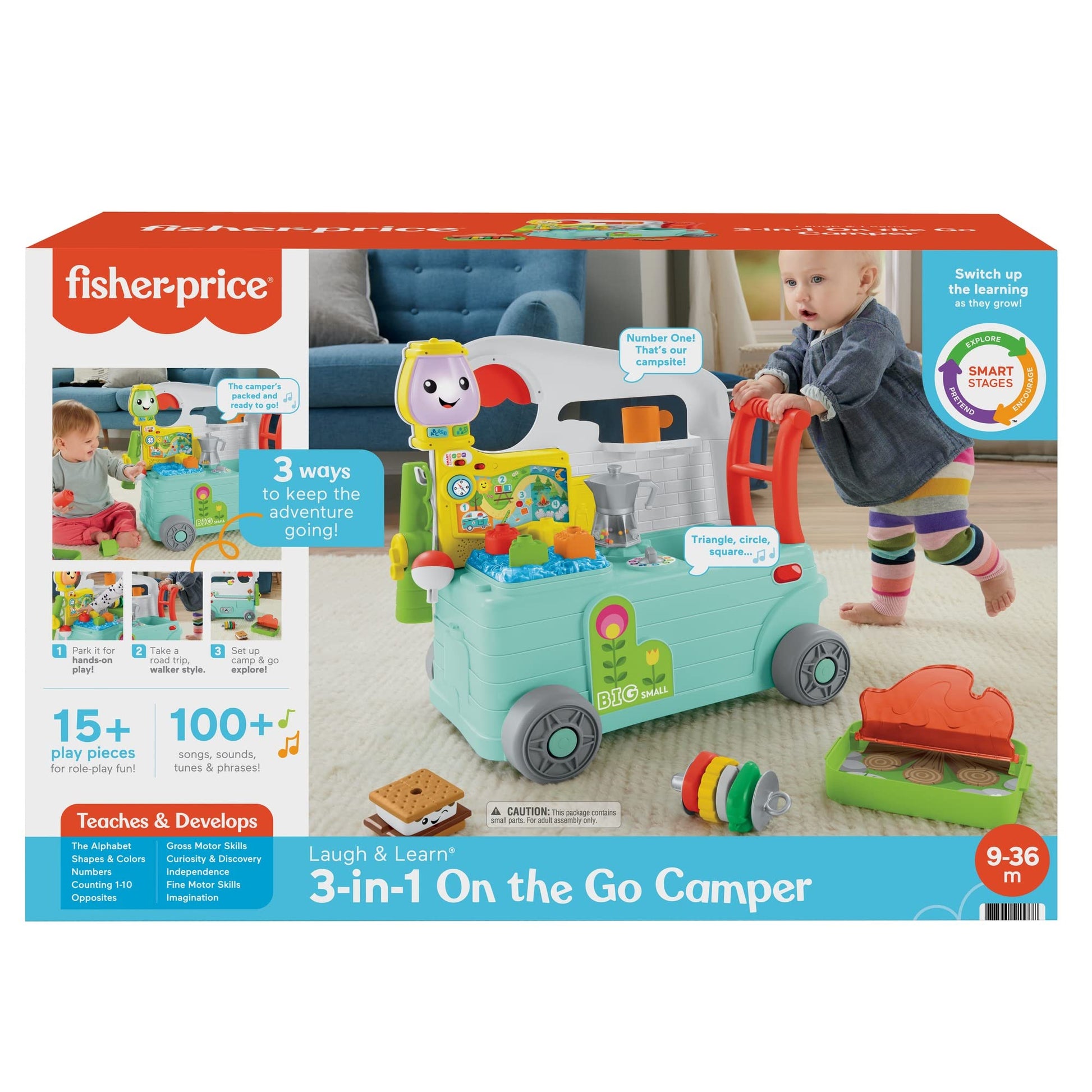 Fisher-Price Laugh & Learn 3-in-1 On-The-Go Camper for infants, colourful musical push-along walker and activity centre.