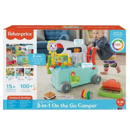 Fisher-Price Laugh & Learn 3-in-1 On-The-Go Camper for infants, colourful musical push-along walker and activity centre.
