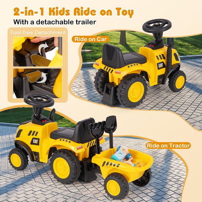 COSTWAY kids ride-on tractor with LED lights, horn, detachable trailer, rake, shovel, and foot-to-floor design for toddlers.