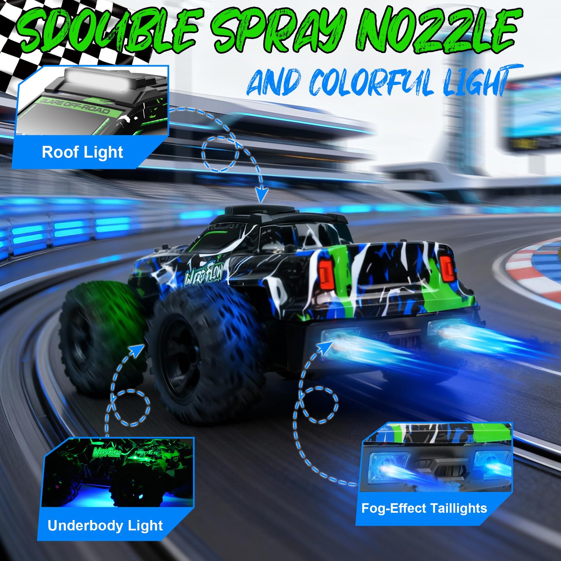 BAZADER 1:18 remote control RC truck with LED lights, off-road tires, high-speed design, and spray feature for kids and adults.