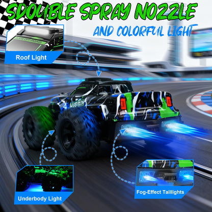 BAZADER 1:18 remote control RC truck with LED lights, off-road tires, high-speed design, and spray feature for kids and adults.
