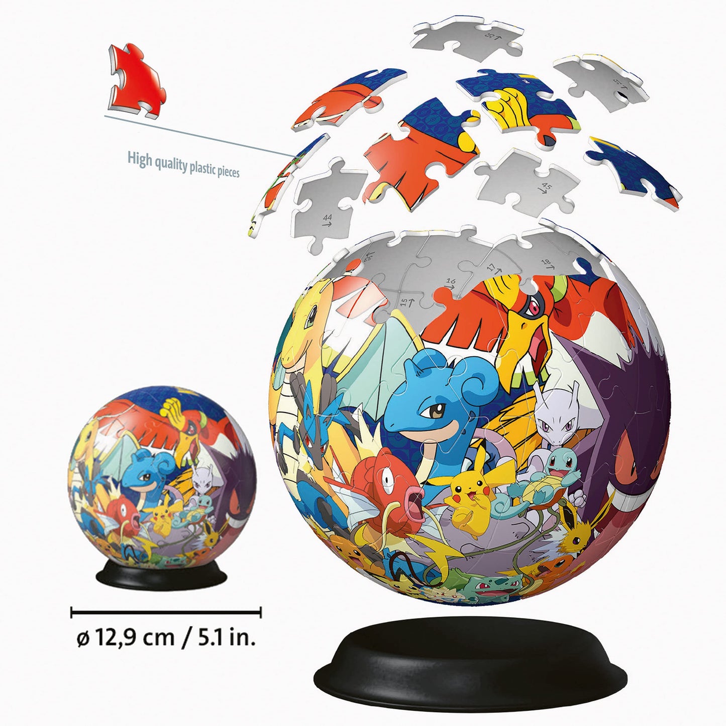 Ravensburger 3D Pokemon jigsaw puzzle ball with 72 pieces, designed for kids aged 6 and up, featuring colorful Pokemon characters.