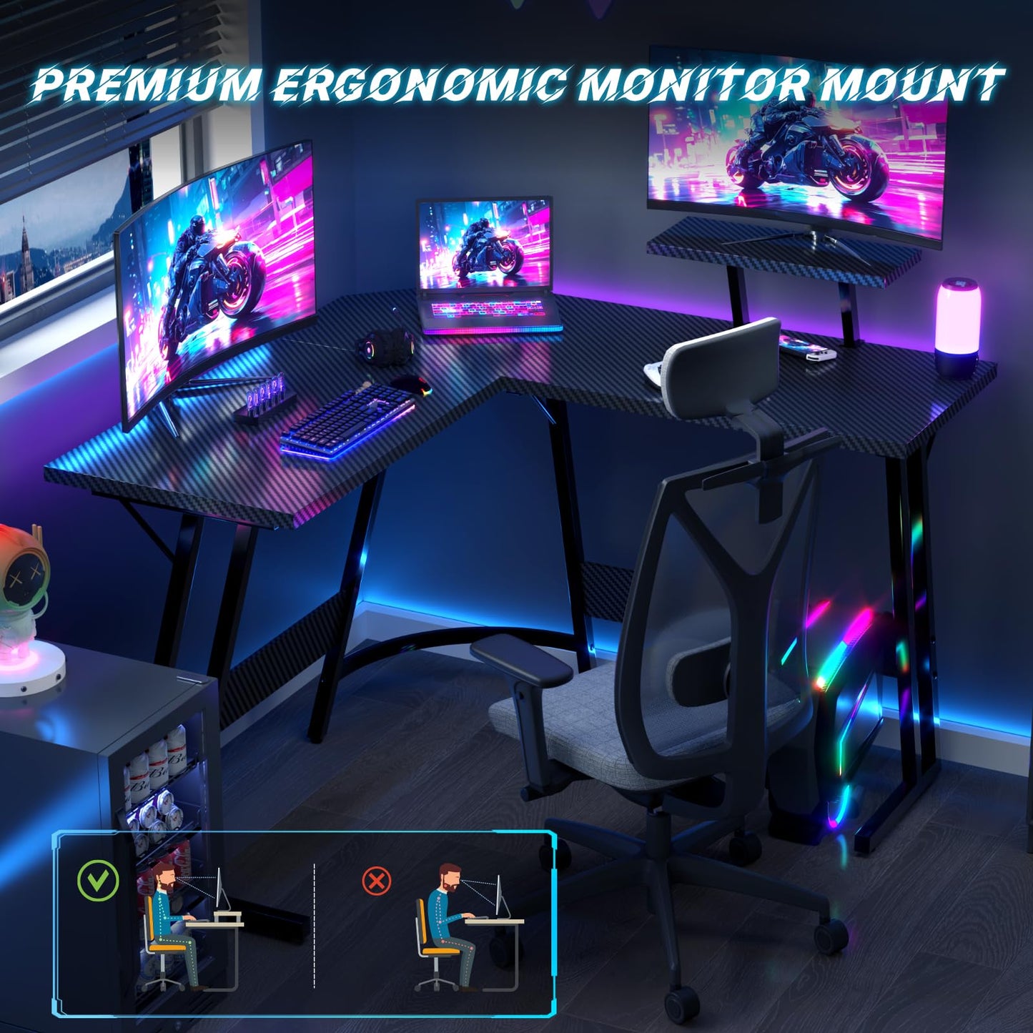 JUMMICO L Shaped Gaming Desk with Large Monitor Stand 120x120x75cm,Corner Desk for Home Office Study Writing Workstation, Carbon Fibre Black