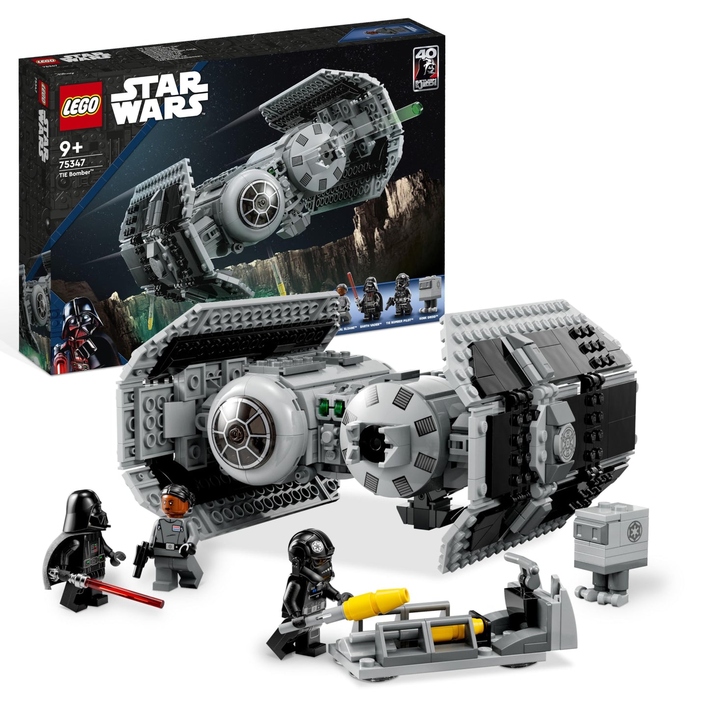 LEGO Star Wars 75347 TIE Bomber model with Darth Vader minifigure, Gonk Droid, and torpedo-dropping feature.