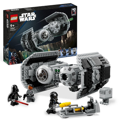 LEGO Star Wars 75347 TIE Bomber model with Darth Vader minifigure, Gonk Droid, and torpedo-dropping feature.