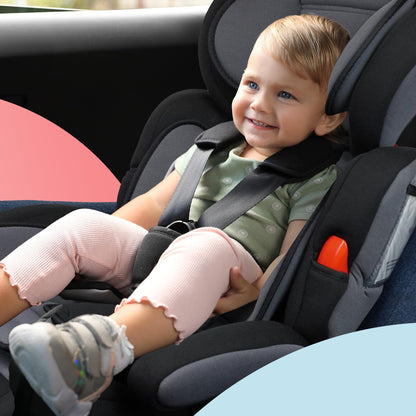 Kidoola Adjustable Car Seat for Toddlers & Children - Safety Certified Booster Seat, Padded & Comfortable with 3 Adjustable Age Functions & Straps, Up to 12 Years - ECE R44/04 (Grey & Black)