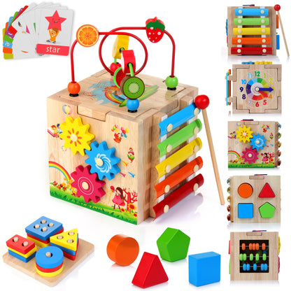 HELLOWOOD wooden activity cube for babies with bead maze, shape sorter, abacus, xylophone, clock, and word learning features.