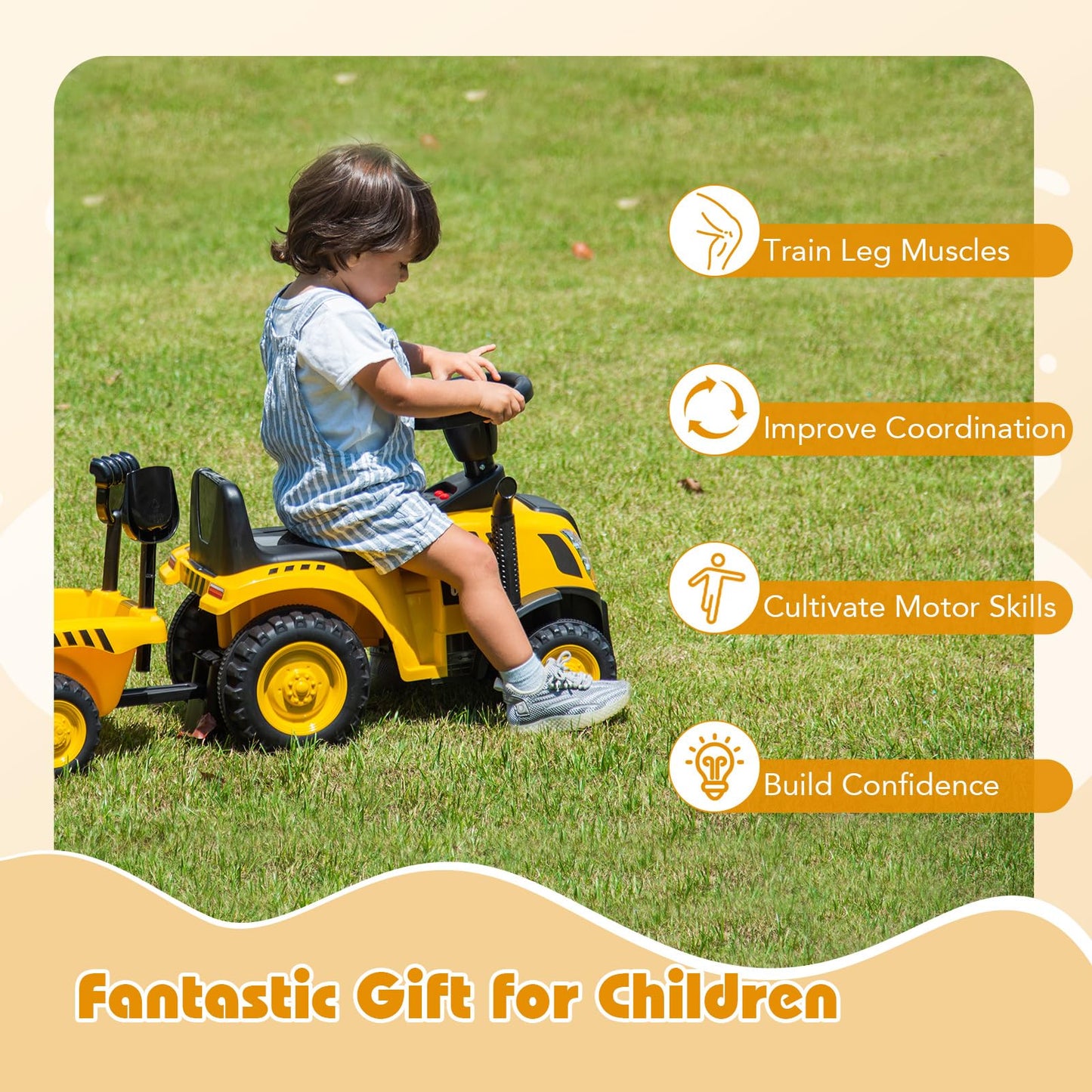 COSTWAY kids ride-on tractor with LED lights, horn, detachable trailer, rake and shovel, designed for toddlers aged 12-36 months.