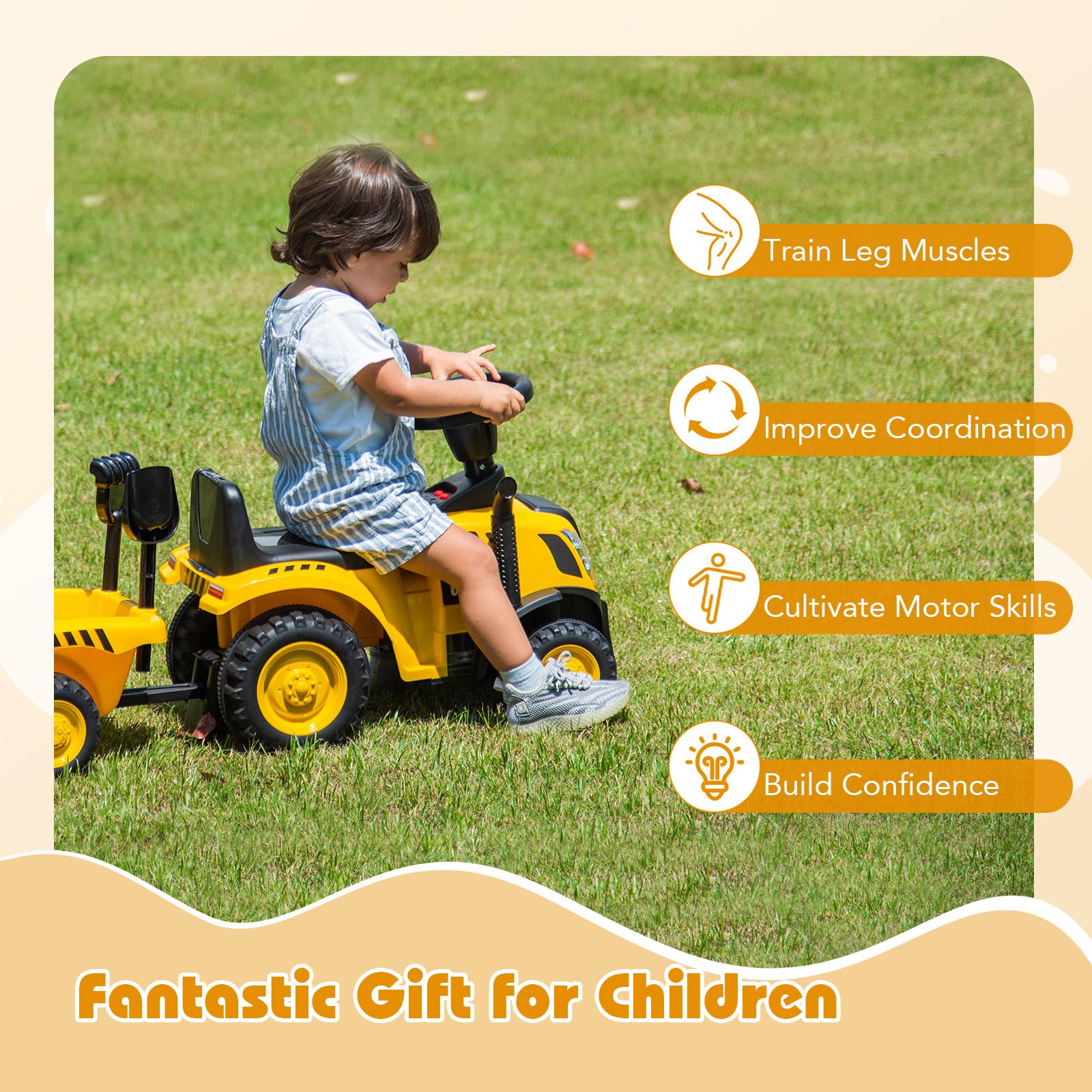 COSTWAY kids ride-on tractor with LED lights, horn, detachable trailer, rake and shovel, designed for toddlers aged 12-36 months.