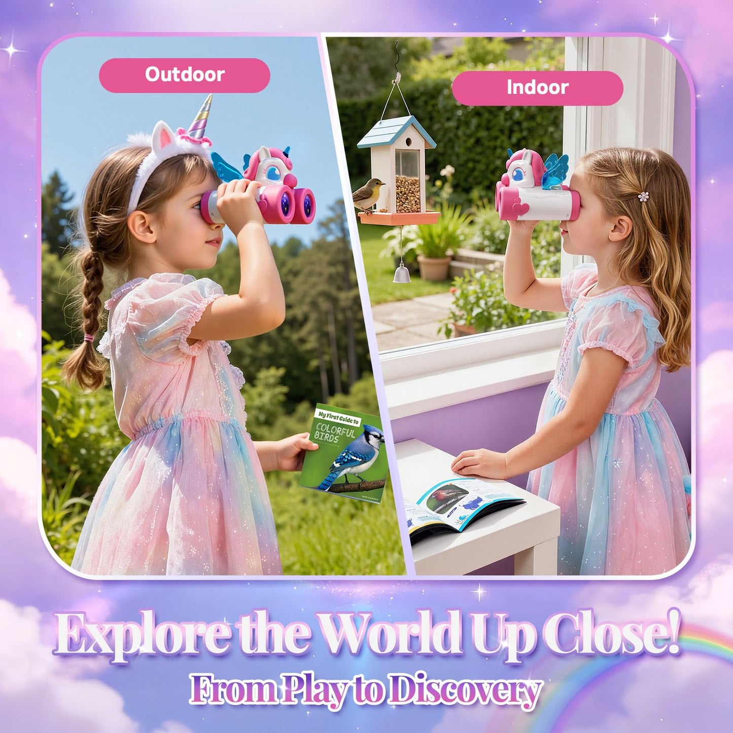Kidluna kids binoculars with bird watching manual, colorful unicorn design, suitable for outdoor birding and garden play for girls aged 3-9.