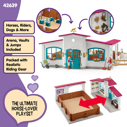 Schleich Horse Club - 179PC Peppertree Riding Arena Horse Playset with Real Dressage Cards - With Stable Set, 2 Horses, 3 Rider Figurines, Cards and Accessories - Toys for Girls & Boys Ages 5+ | 42639