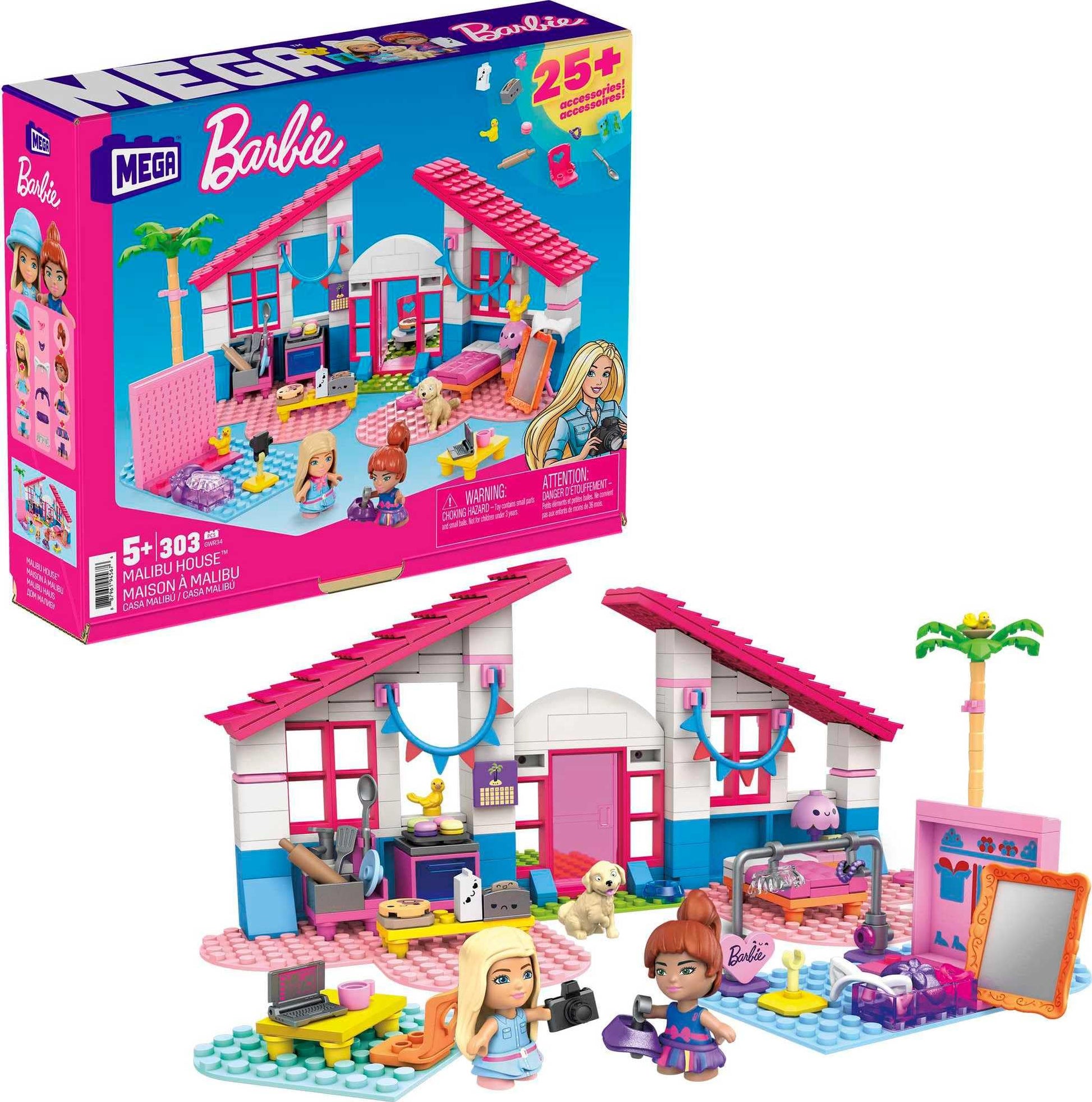 Barbie Malibu House building set by Mega Brands with 303 bricks, accessories, and 2 micro-dolls for creative play.