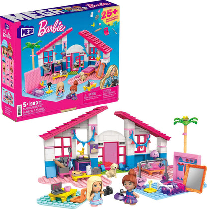 Barbie Malibu House building set by Mega Brands with 303 bricks, accessories, and 2 micro-dolls for creative play.