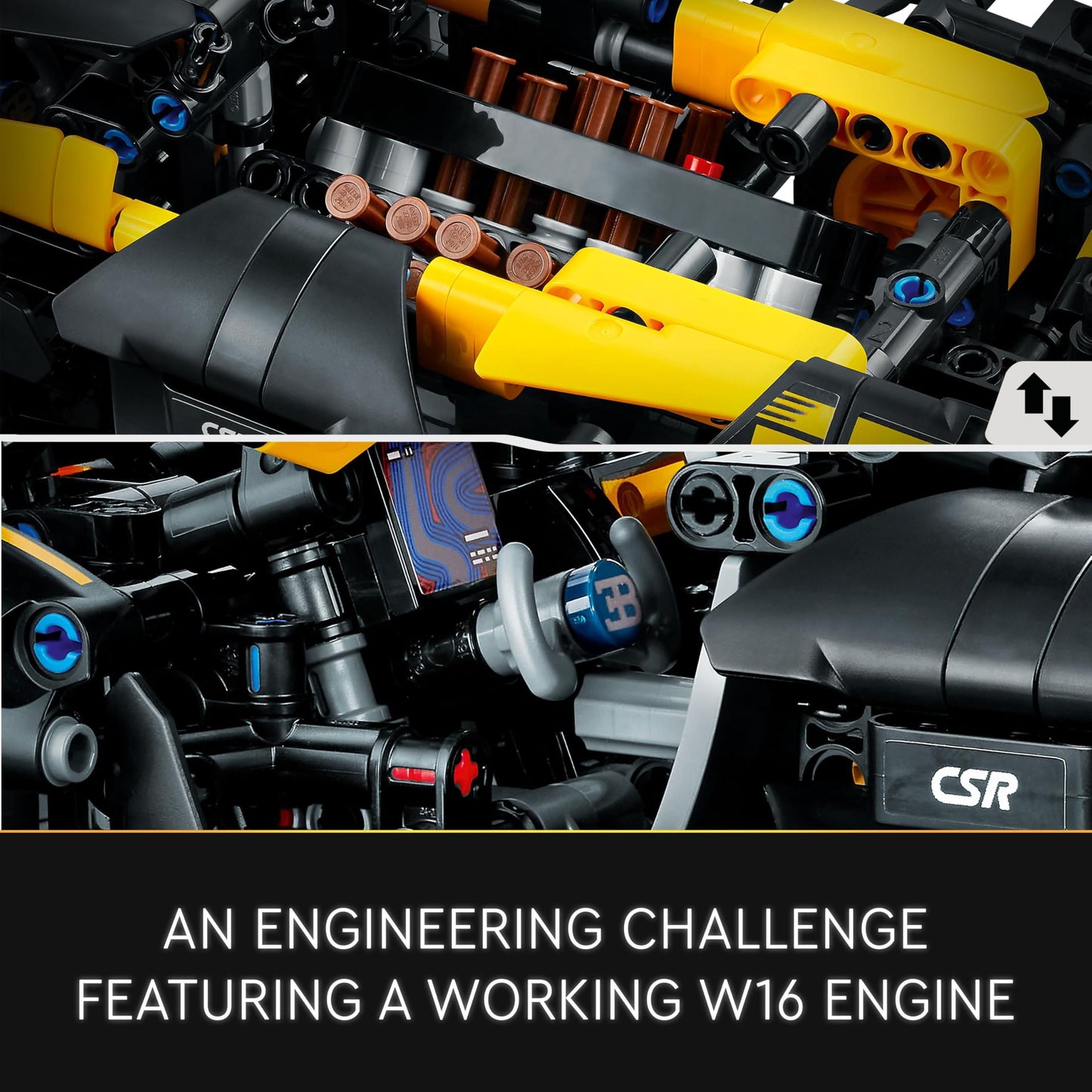 LEGO Technic Bugatti Bolide model set showcasing a detailed racing car design with vibrant colors and intricate features.