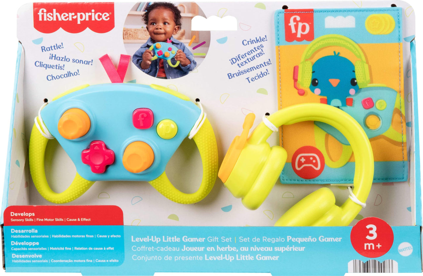 Fisher-Price Newborn Toys Level-Up Little Gamer Gift Set, Baby Rattle Teether & Crinkle Activities for Infants Ages 3+ Months, HYR57