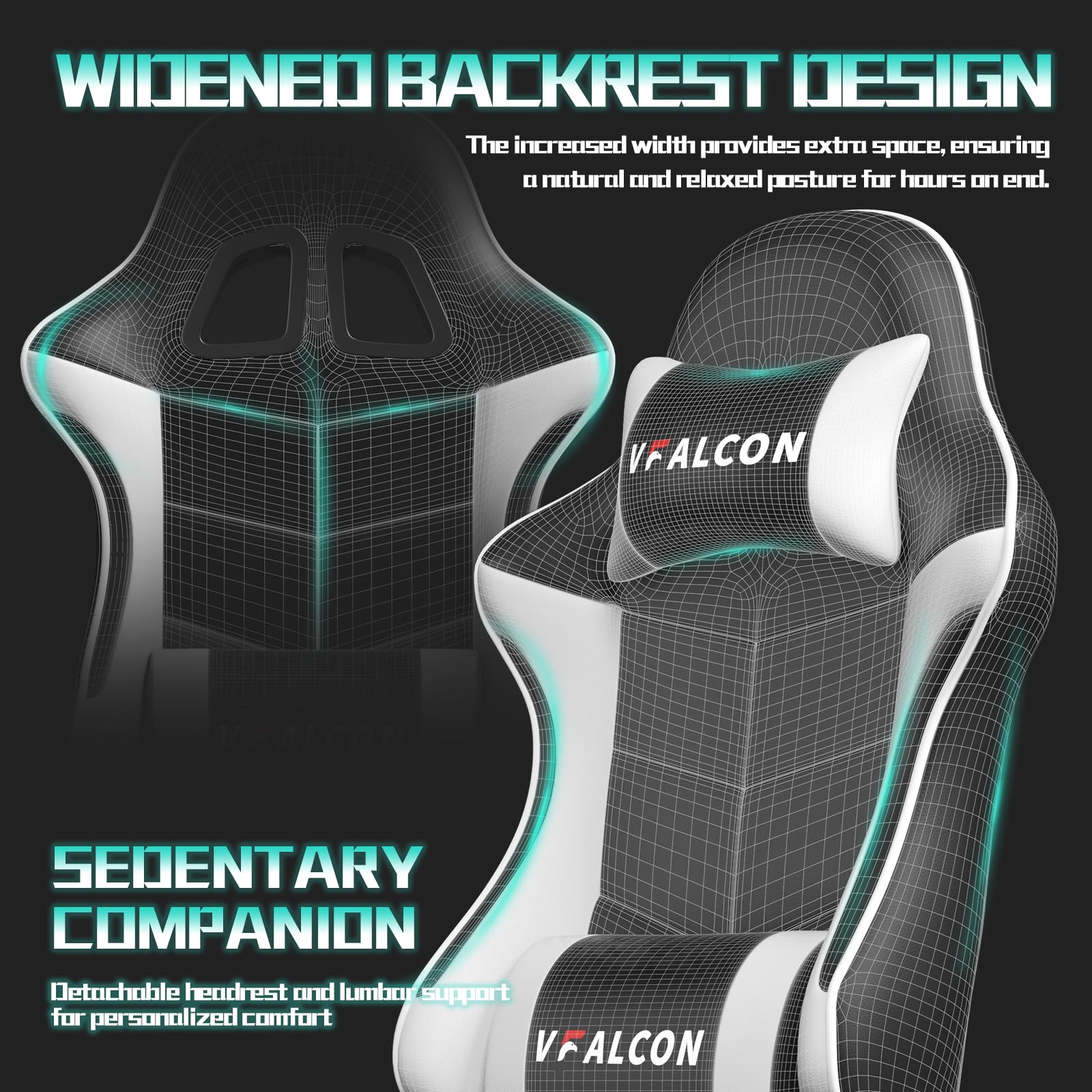 Vfalcon XTREME ergonomic gaming chair in white with footrest, 360° swivel, height adjustment, and reclining feature.