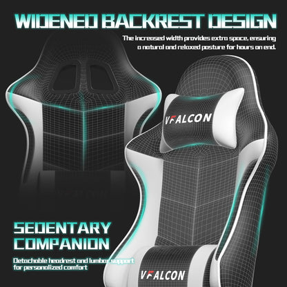 Vfalcon XTREME ergonomic gaming chair in white with footrest, 360° swivel, height adjustment, and reclining feature.