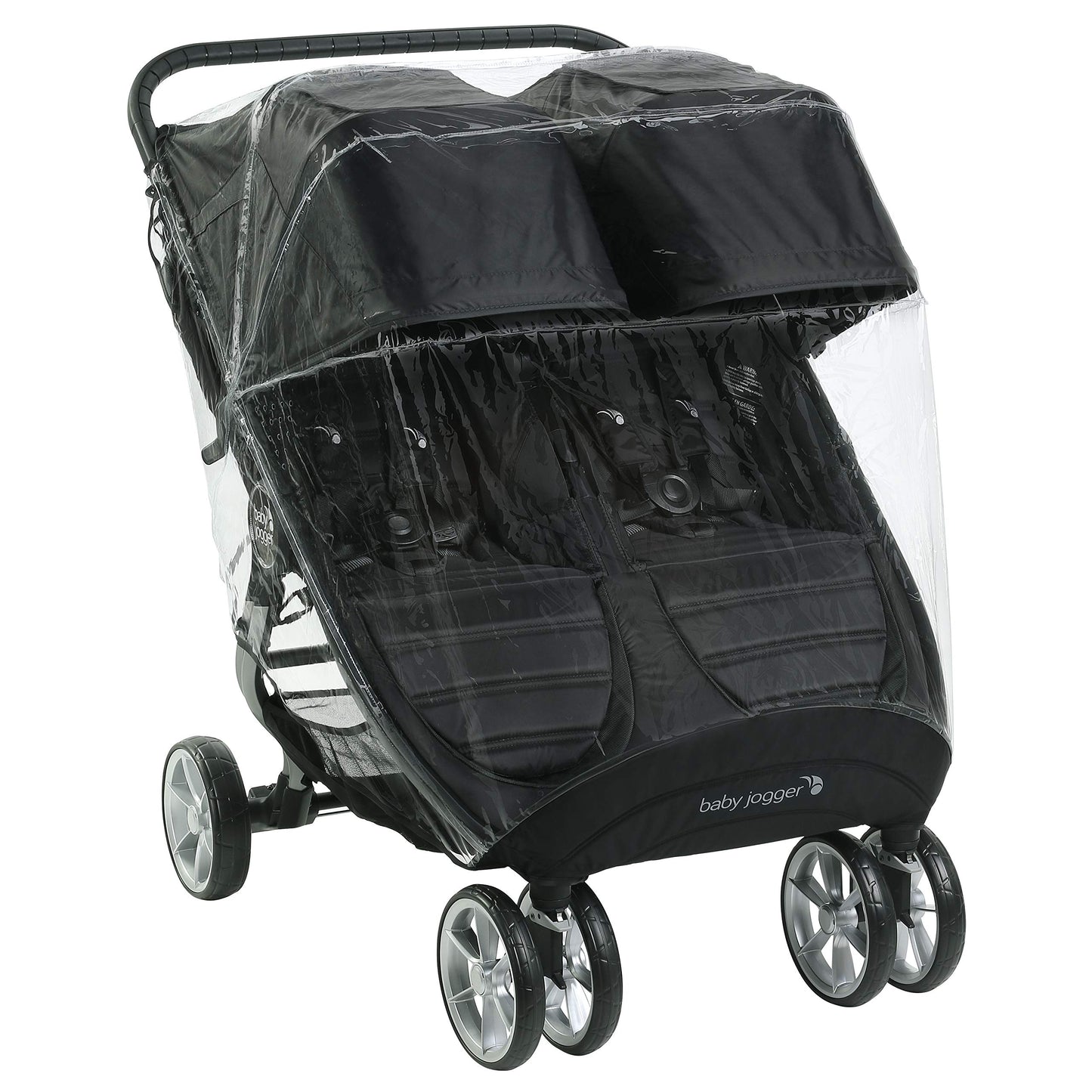 Baby Jogger City Mini GT2 Double stroller rain shield blocking rain, snow, and wind for weather protection.