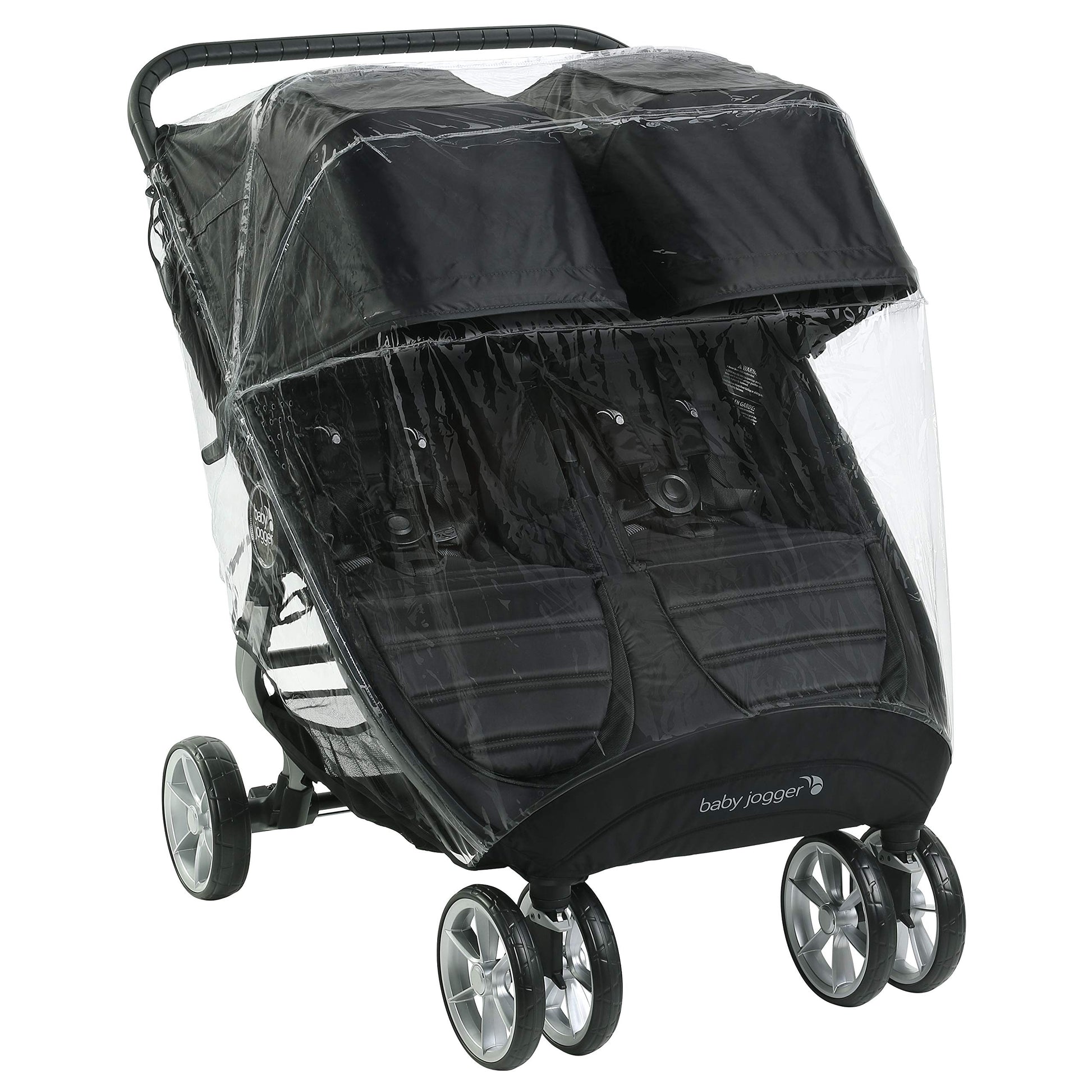 Baby Jogger City Mini GT2 Double stroller rain shield blocking rain, snow, and wind for weather protection.