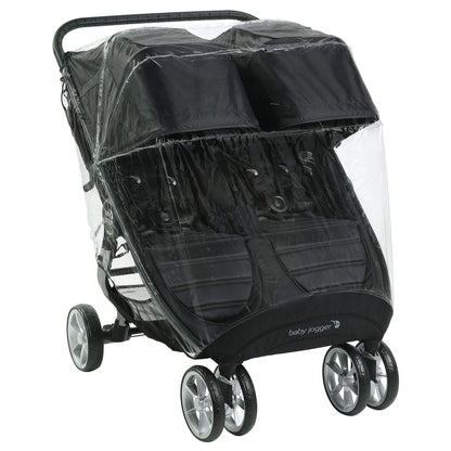 Baby Jogger City Mini GT2 Double stroller rain shield blocking rain, snow, and wind for weather protection.
