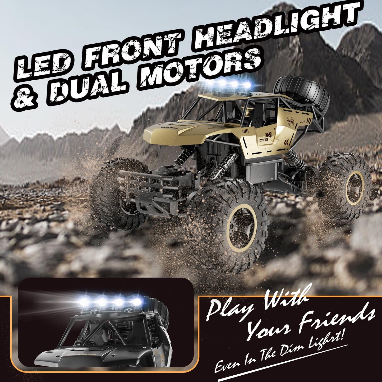 Jiakora 1:12 Remote Control Car Off-Road RC Car Monster Truck,Metal Shell 4WD Dual Motors LED Headlight Rock Crawler,2.4Ghz All Terrain Hobby Truck,2 Batteries for 90 Min Play,Boy Adult Gifts Toys