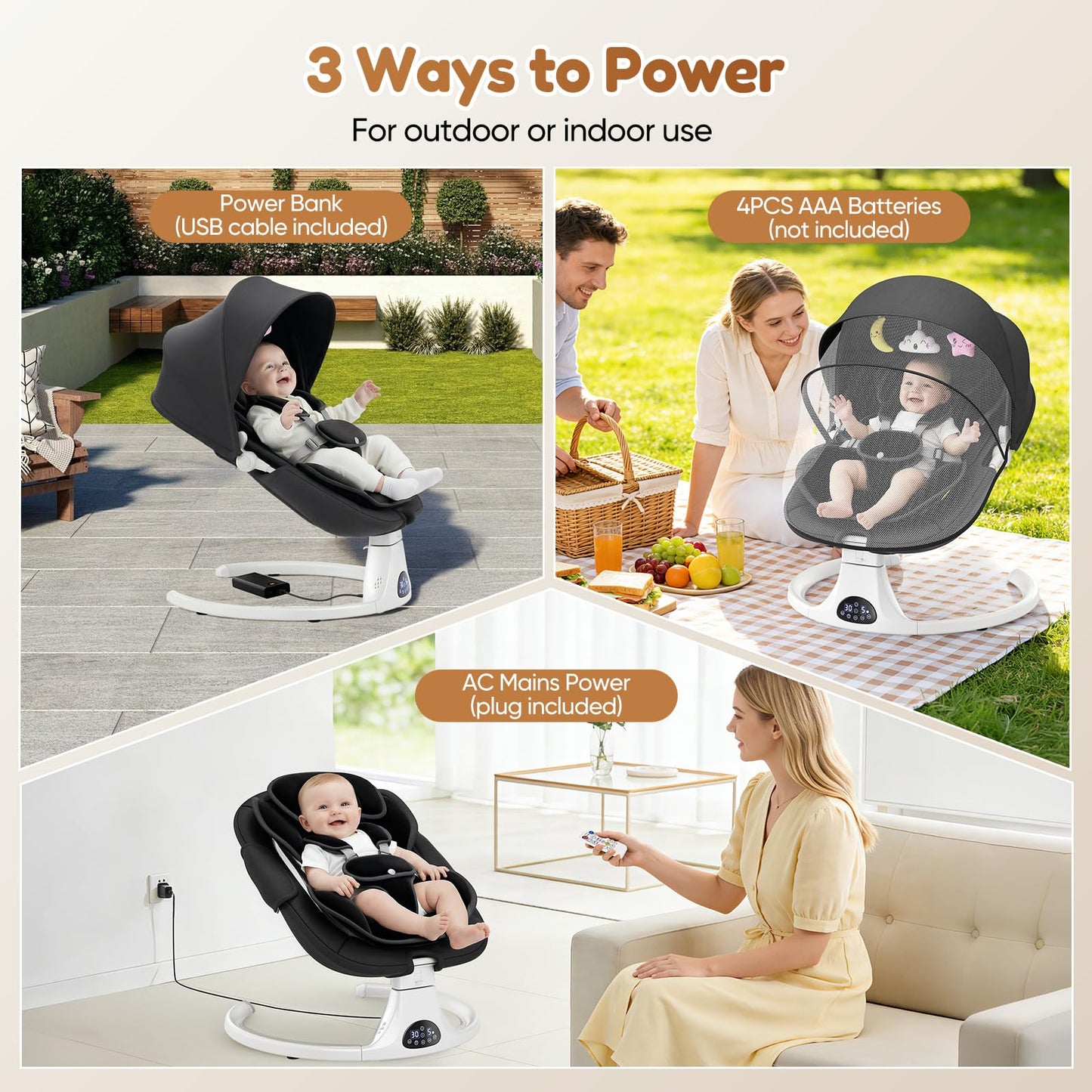 Helangel baby swing for infants and toddlers with 5-speed settings, 3 seat positions, Bluetooth music, and safety 5-point harness.