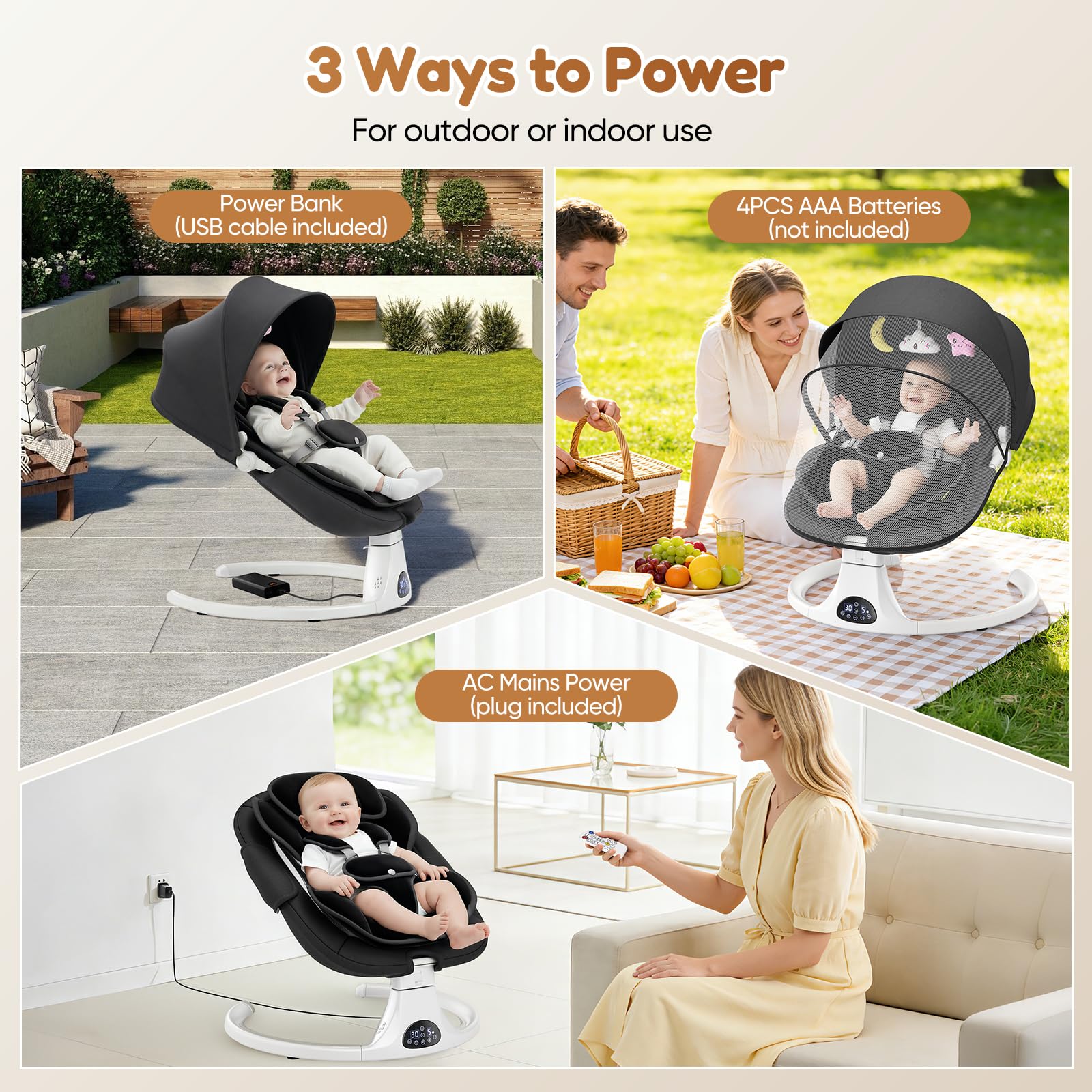 Helangel baby swing for infants and toddlers with 5-speed settings, 3 seat positions, Bluetooth music, and safety 5-point harness.