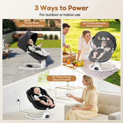 Helangel baby swing for infants and toddlers with 5-speed settings, 3 seat positions, Bluetooth music, and safety 5-point harness.