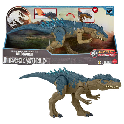 Jurassic World Ruthless Rampagin Allosaurus Dinosaur Toy, Action Figure with Continuous Chomp Attack & Roar Sounds, Button Activated Evolved Battle Spikes, HRX51