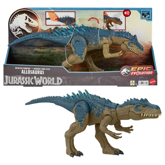 Jurassic World Ruthless Rampagin Allosaurus Dinosaur Toy, Action Figure with Continuous Chomp Attack & Roar Sounds, Button Activated Evolved Battle Spikes, HRX51