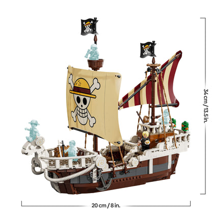 LEGO ONE PIECE The Going Merry pirate ship model with Luffy, Zoro, Nami minifigures for display and play.
