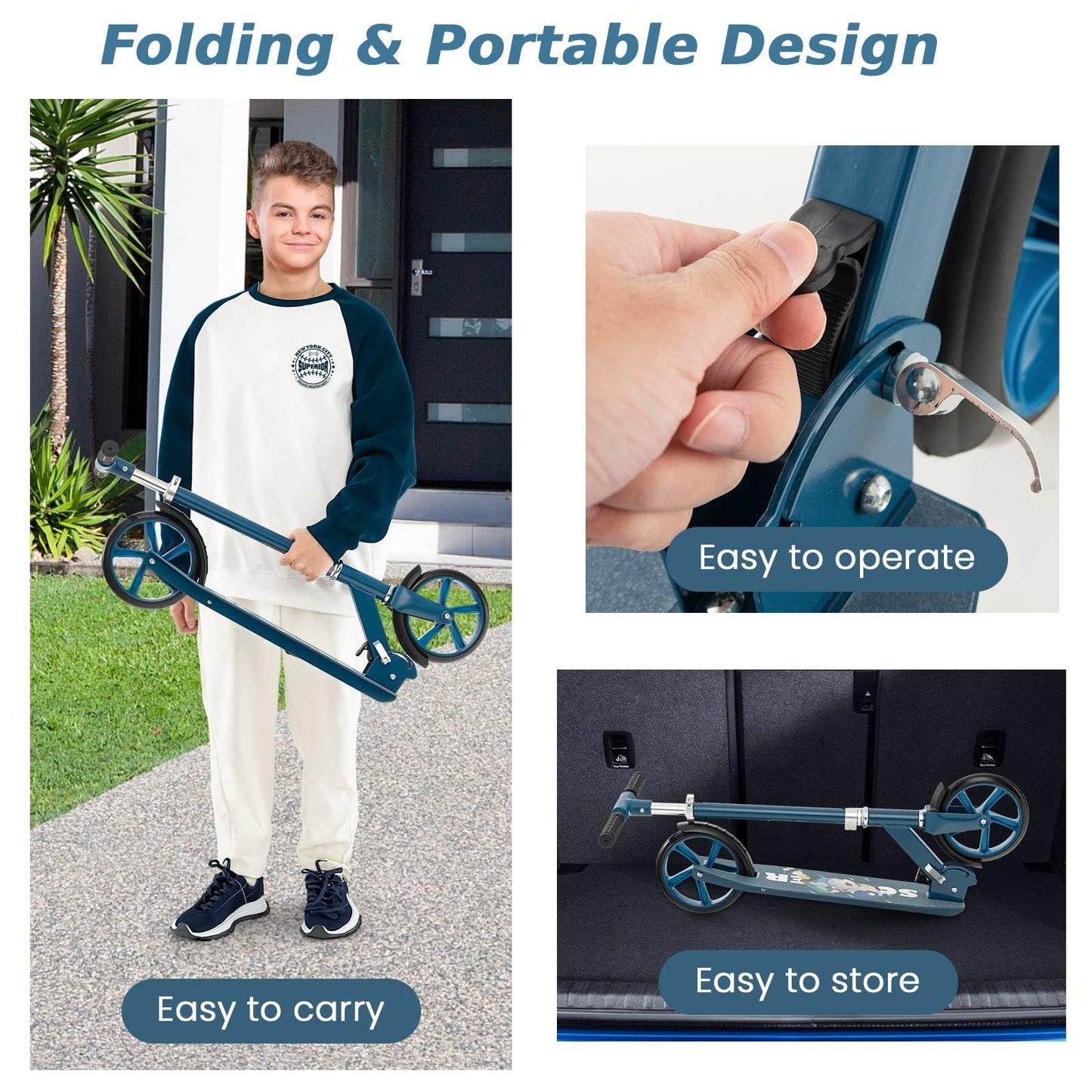 SPOTRAVEL folding kick scooter with adjustable handlebar, rear brake, and kickstand for kids aged 8 and up.