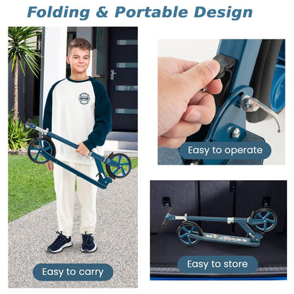 SPOTRAVEL folding kick scooter with adjustable handlebar, rear brake, and kickstand for kids aged 8 and up.