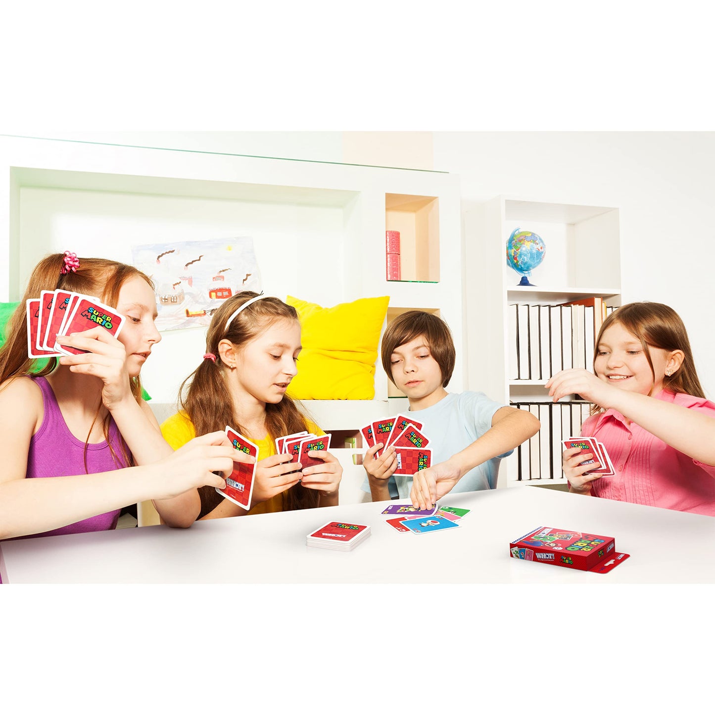 Waddingtons Number 1 Super Mario WHOT! card game with characters like Mario, Luigi, Yoshi, Peach, and Toad, for ages 5+.