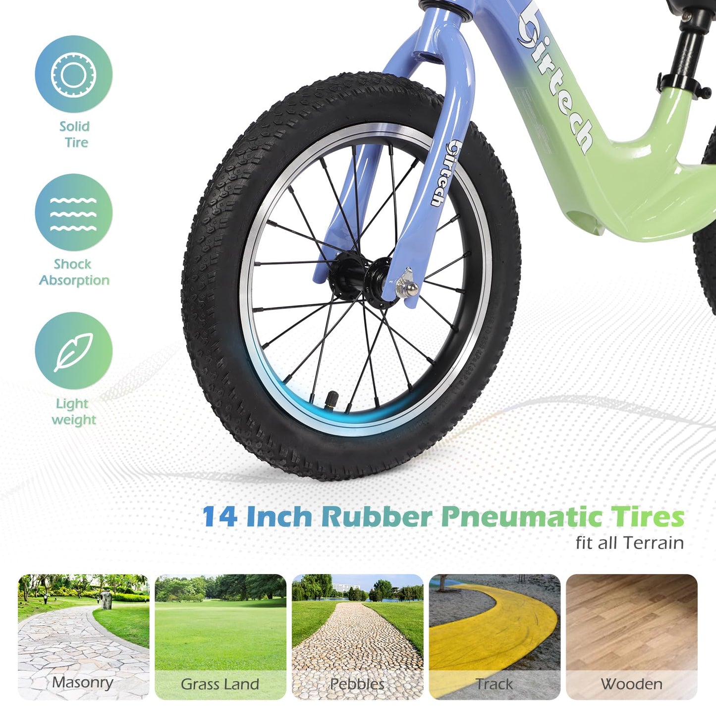 Hello-5ive 14" Kids Balance Bike for 3,4,5,6 Year Old Boys and Girls, Air Tires with Magnesium Alloy Frame, Lightweight No Pedal Toddler Training Bicycle (green&blue)