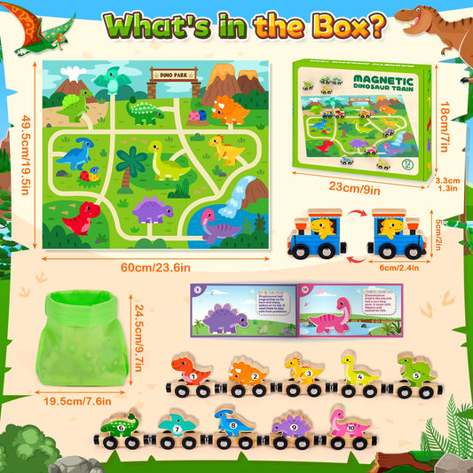 Wooden magnetic dinosaur train toys for toddlers, featuring colorful dinosaurs, ideal for educational play for ages 1-3.