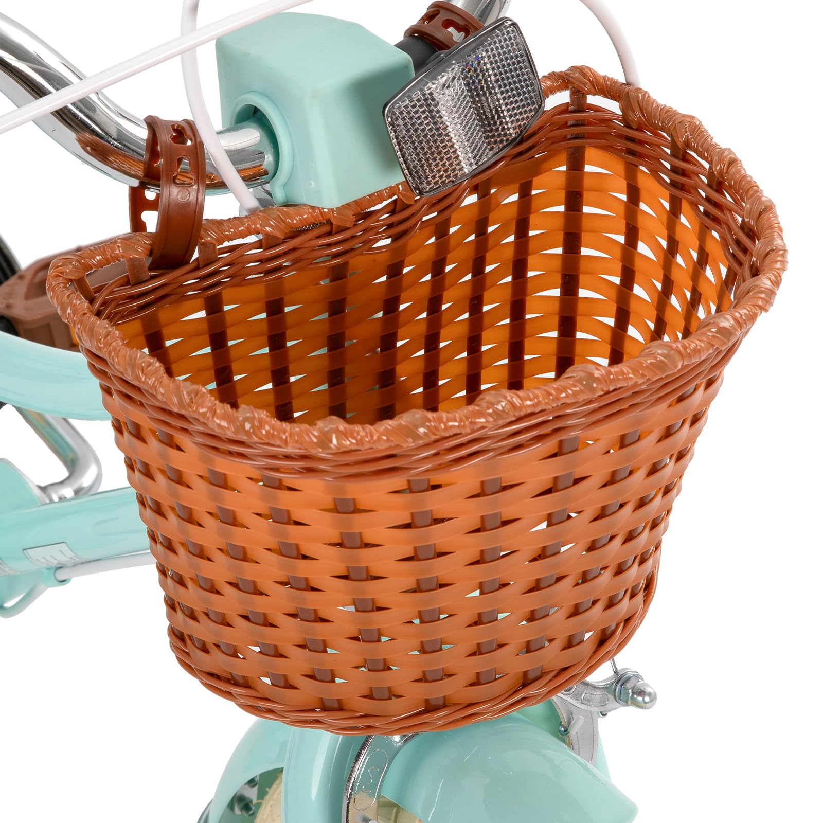 STITCH Manchi 14-inch mint green kids bike for girls, featuring a basket and stabilizers, ideal for ages 3-5.